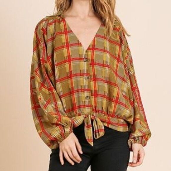 Plaid‎ Button Up Top with Waist Tie - Picture 1 of 1
